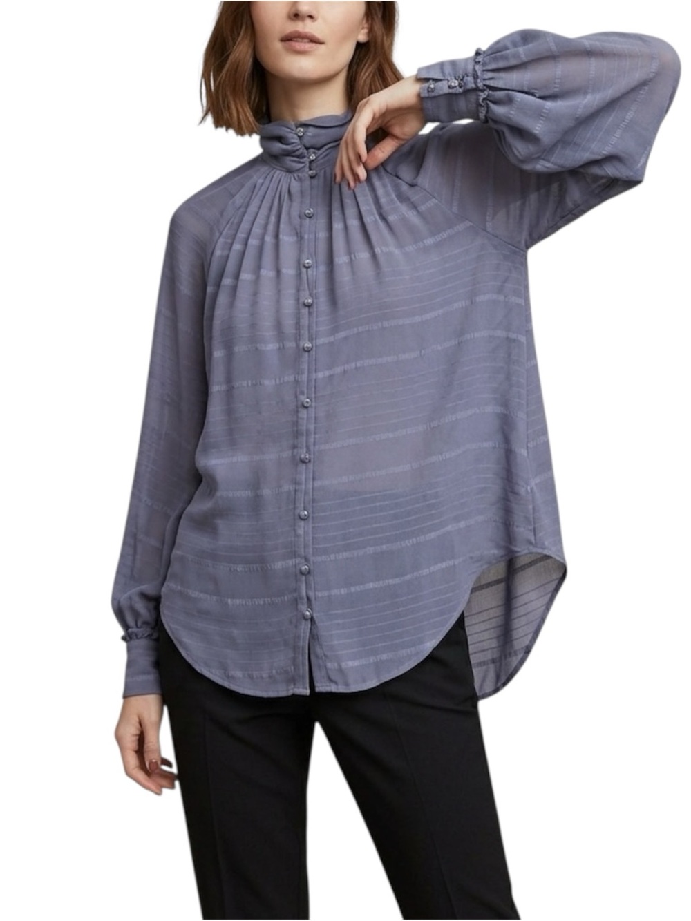 Anthropologie Feather Bone Blue Ruffle Mock Neck Sheer Stripe Button Blouse M